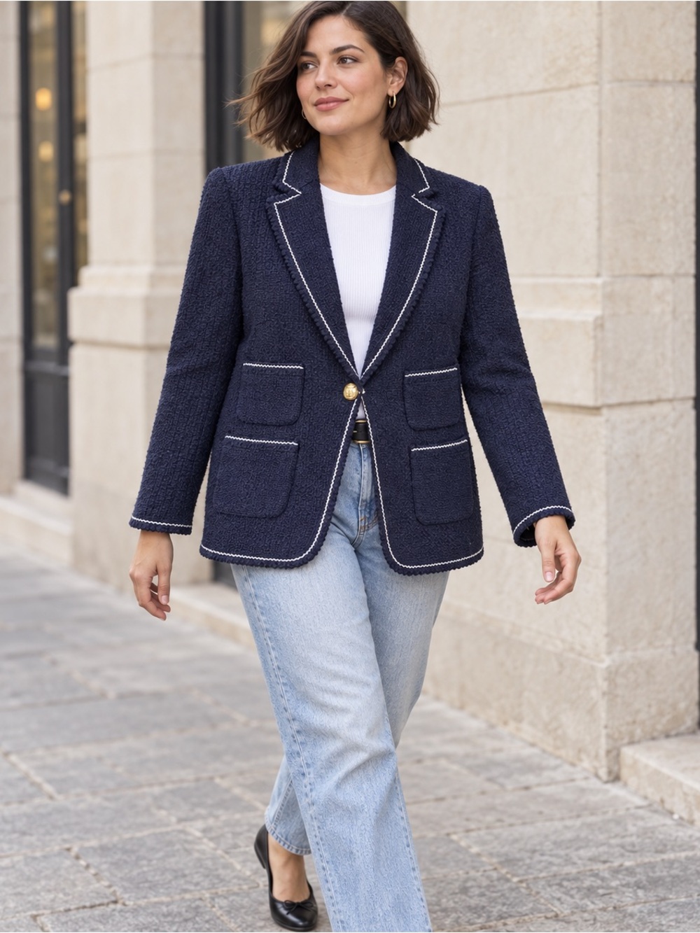 Talbots Navy Blazer 12 Boucle Knit White Piped Trim Nautical Gold Crest Buttons